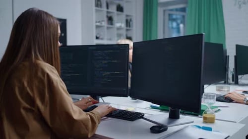 Empresa de desarrollo de software, programadora que trabaja con una computadora en la oficina, profesional de TI