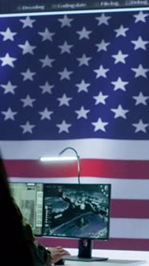 Vertical Video US Military Officer Supervising Threat Detection Activity in High Tech Office