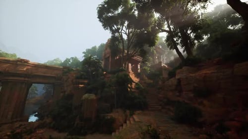 Ancien temple caché dans la jungle luxuriante de Thaïlande pendant la lumière du matin