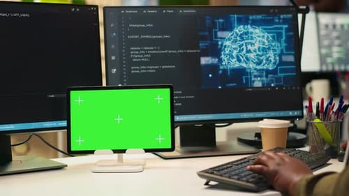 Admin Writing Code on Isolated Screen Tablet Developing Machine Learning APIs