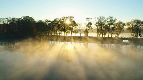 Foggy Sunrise Over Park Alley By the Lake