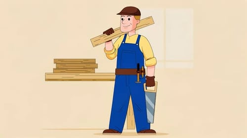 Schreiner mit Holzbrett, Handsäge und Werkzeugen - Zeichentrickfiguren, Animationen
