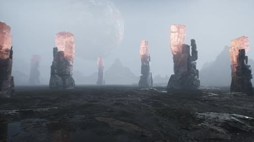 Futuristic Alien Landscape with Glowing Pillars and Distant Planet