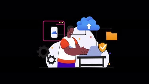 African man working on a laptop with cloud technology elements.