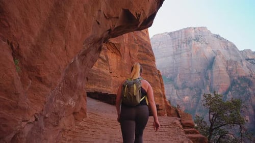 A young woman climbs the exhausting incline of Angel's Landing in Zion national park. Travelers floc