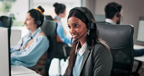 Office, talking and business woman with headset for online consulting, customer support and help