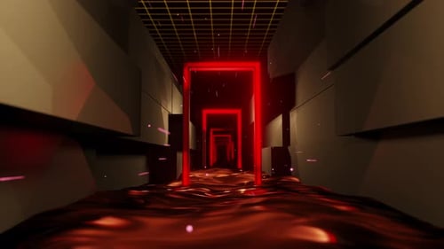 Futuristic Neon Tunnel With Glowing Red Arches And Liquid Floor