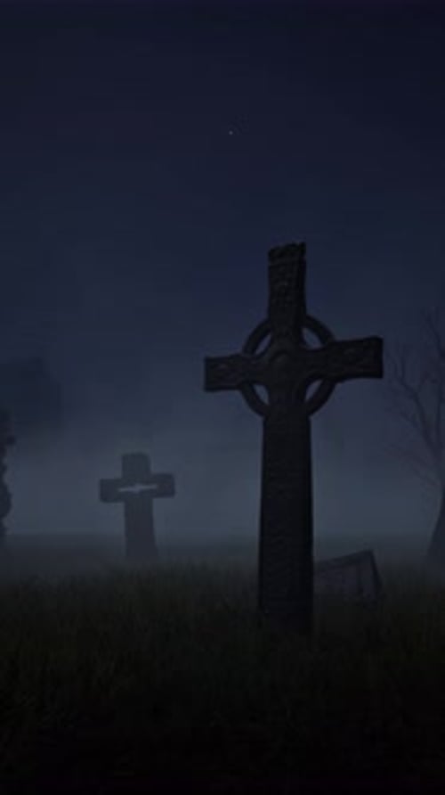 View from the grave of an old cemetery in ruins. Halloween, 3D rendering.