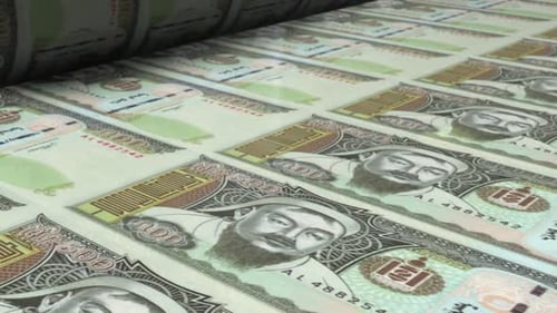 500 billets Tögrög mongols sur une machine à imprimer