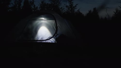 Glowing Camping Tent in Dark Forest at Night