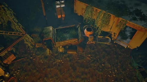 Overview of a post-apocalyptic forest camp at night