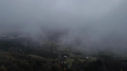 Flying over the landscape and forest under the thick fog around during the winter evening.