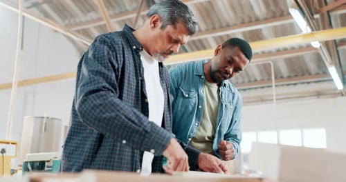 Engineering, teamwork or carpenter in workshop to measure for manufacturing, woodwork or furniture