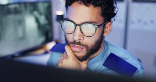 Computer, surveillance and thinking with man in control room for for monitoring, safety or security
