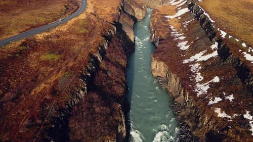 Drone Shot of Gullfoss River Cascade
