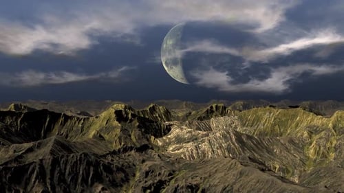 Dramatic Moon Over Alien Mountain Landscape