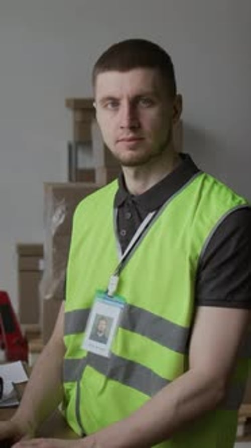 Retrato de un joven gerente de almacén confiado en sí mismo con chaleco de alta visibilidad