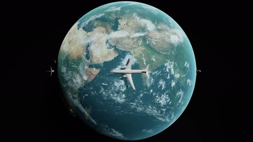 3D Animated Airplanes Circling Earth Globe Loop