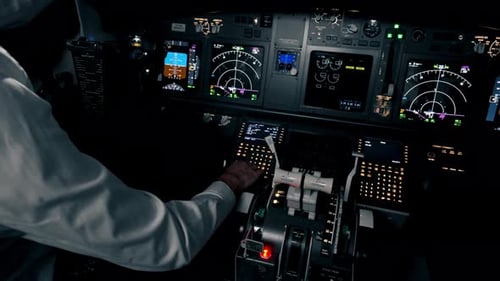 Airplane pilot controls throttle during flight or takeoff Cockpit view close-up air traffic control