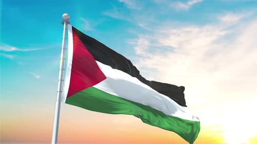 Realistic Palestine Flag Waving on Flagpole against a Bright Sky