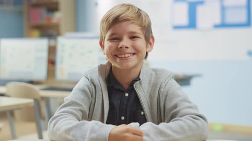 Portrait of a Cute Little Boy Sitting at his School Desk, Smiles Happily. Smart Little Boy with Cha