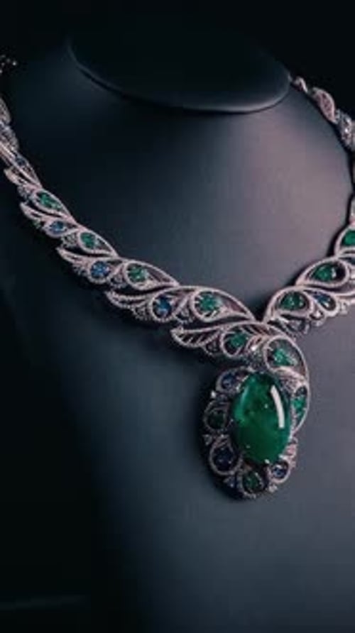 Superbe collier avec saphirs bleus et émeraudes vertes sur un mannequin noir Vidéo gros plan d'un