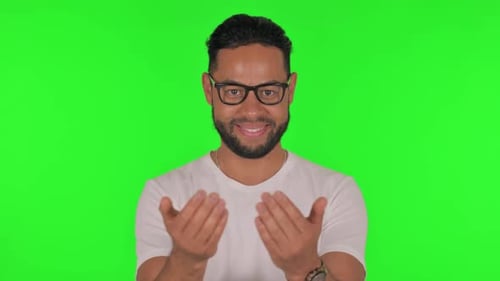 Man inviting People on Green Background