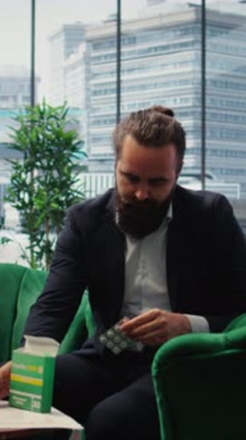 Vidéo verticale Un PDG concerné prend une aspirine pour soulager ses maux de tête dus au stress