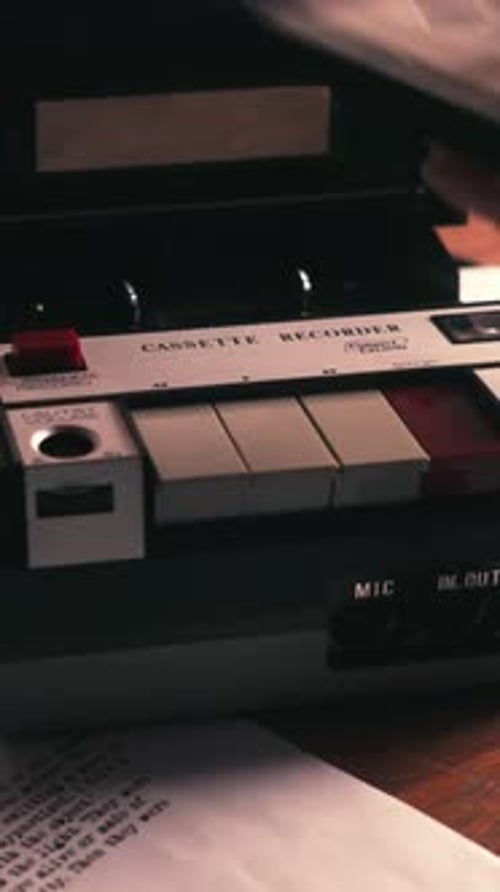 Hand Inserts Cassette Tape into Cassette Recorder