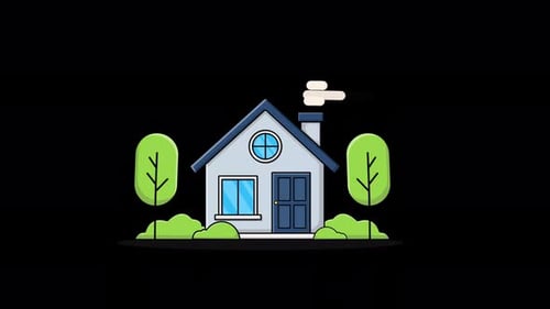 Flat Design House Animation with Trees and Smoke