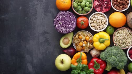 Overhead shot of fresh, vibrant vegetables and fruits