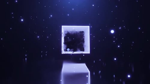 Seamless Loop Ice Cube Rotation Against the Background of Snowflakes Blue Ice Cube with Reflection