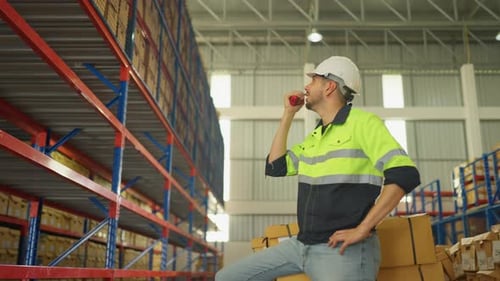 Un trabajador de almacén caucásico se sienta en una pila de cajas y luego usa un walkie-talkie para contactar a su compañero de trabajo