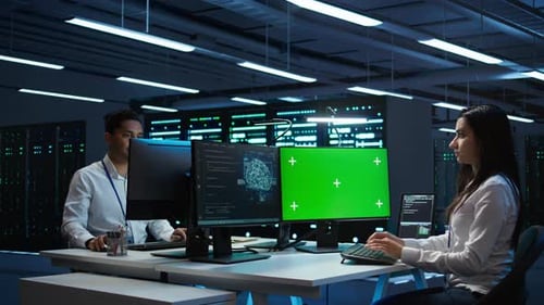 Technician Doing Checkup on Green Screen Server Hub PC Using AI Tech