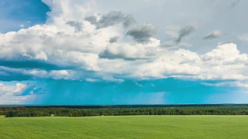 Zeitraffer, Drohnen-Hyperlapse-Luftbild, Land, Weizenfeld, Himmel mit Wolken am Horizont darüber