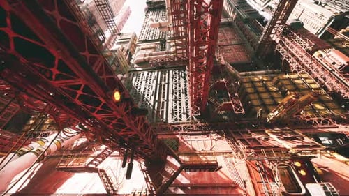 Gran construcción industrial con sombras profundas y juntas remachadas