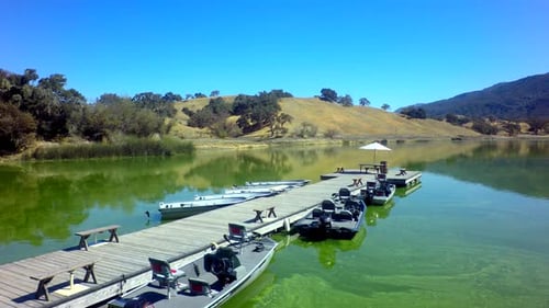 View of Gorgeous Mountainside Lake on Sunny Day by Aerial Drone Above