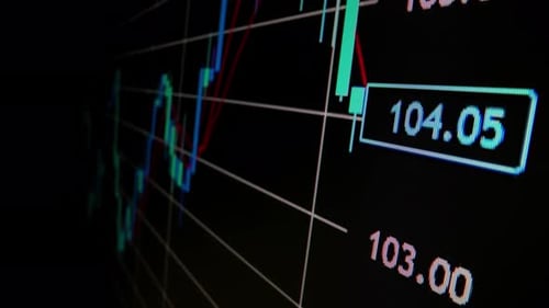 Closeup macro shot movement on LED screen, declining stock market graph.