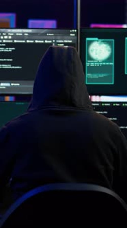 Vertikales Video: Erfahrener Hacker, der aus einem unterirdischen Bunker Codezeilen auf einen Computer schreibt