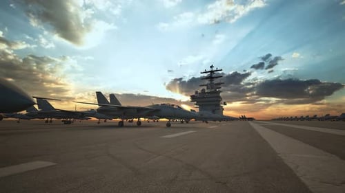 Military Aircraft Carrier Flight Deck with Fighter Jets and Drone at Sunset