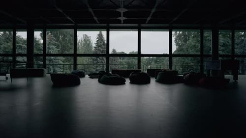 Modern empty hall interior with bag chairs and sofa at panorama window view