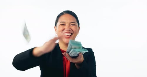 Woman Laughing and Throwing Money in the Air