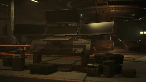 Unterirdischer Bunker-Arbeitsbereich mit mehreren Computermonitoren und Stauraum