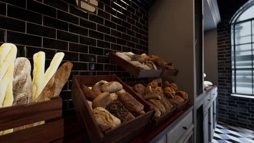 Display of Breads and Pastries in a Bakery