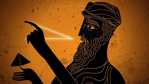 homme grec contemplant un triangle avec son théorème dans le style d'un vase grec orange ancien