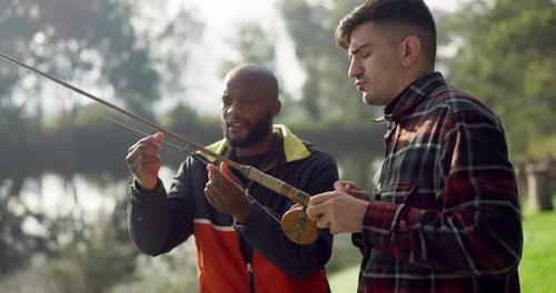 Fishing, lake and friends help in nature on holiday, adventure and vacation together outdoors