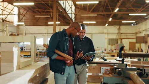 Carpentry, tablet and men for woodwork in workshop for furniture production