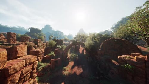 Ancient Ruins Bathed in Sunlight with Lush Greenery and a Blue Sky