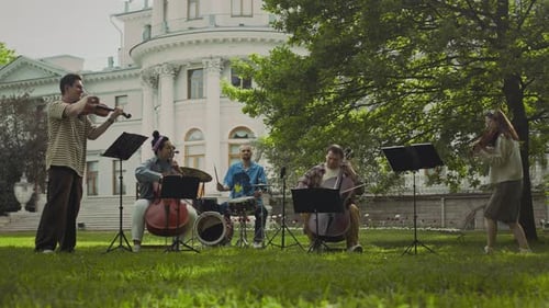 Group of Musician Giving Outdoor Performance in Park on Sunny Day