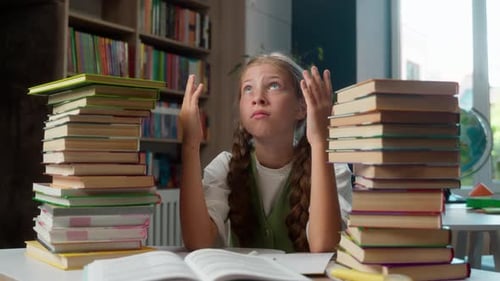 Bored Annoyed Angry Suffering Caucasian Little Girl School Child Kid Schoolgirl Learning Hard